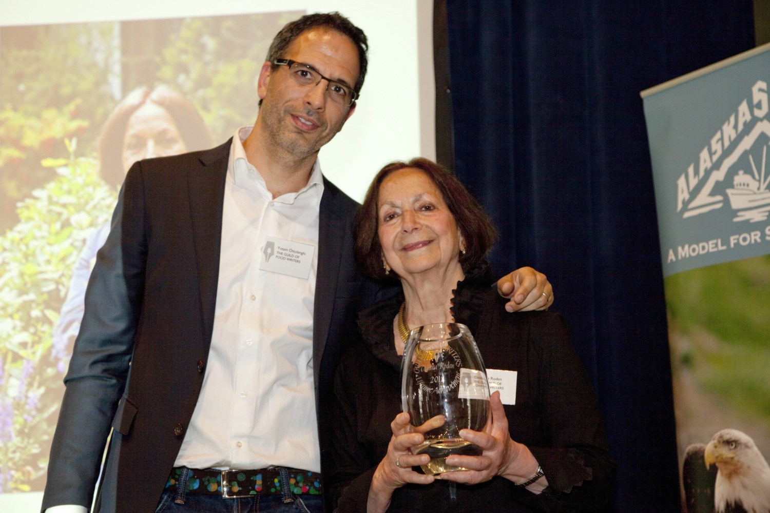 Yotam Ottolenghi presenting Claudia Roden with the Lifetime Achievement Award